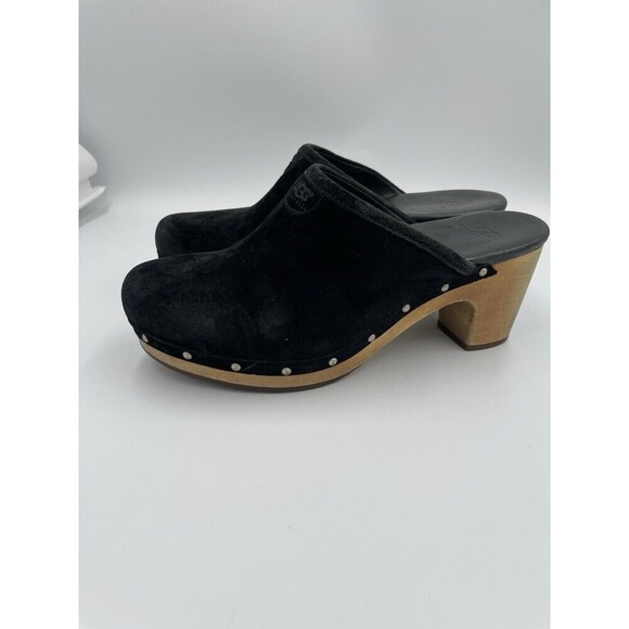 UGG Abbie Winter Clogs Womens Size 7 Black Suede Wooden Platform Slip on Hippie - Picture 3 of 9